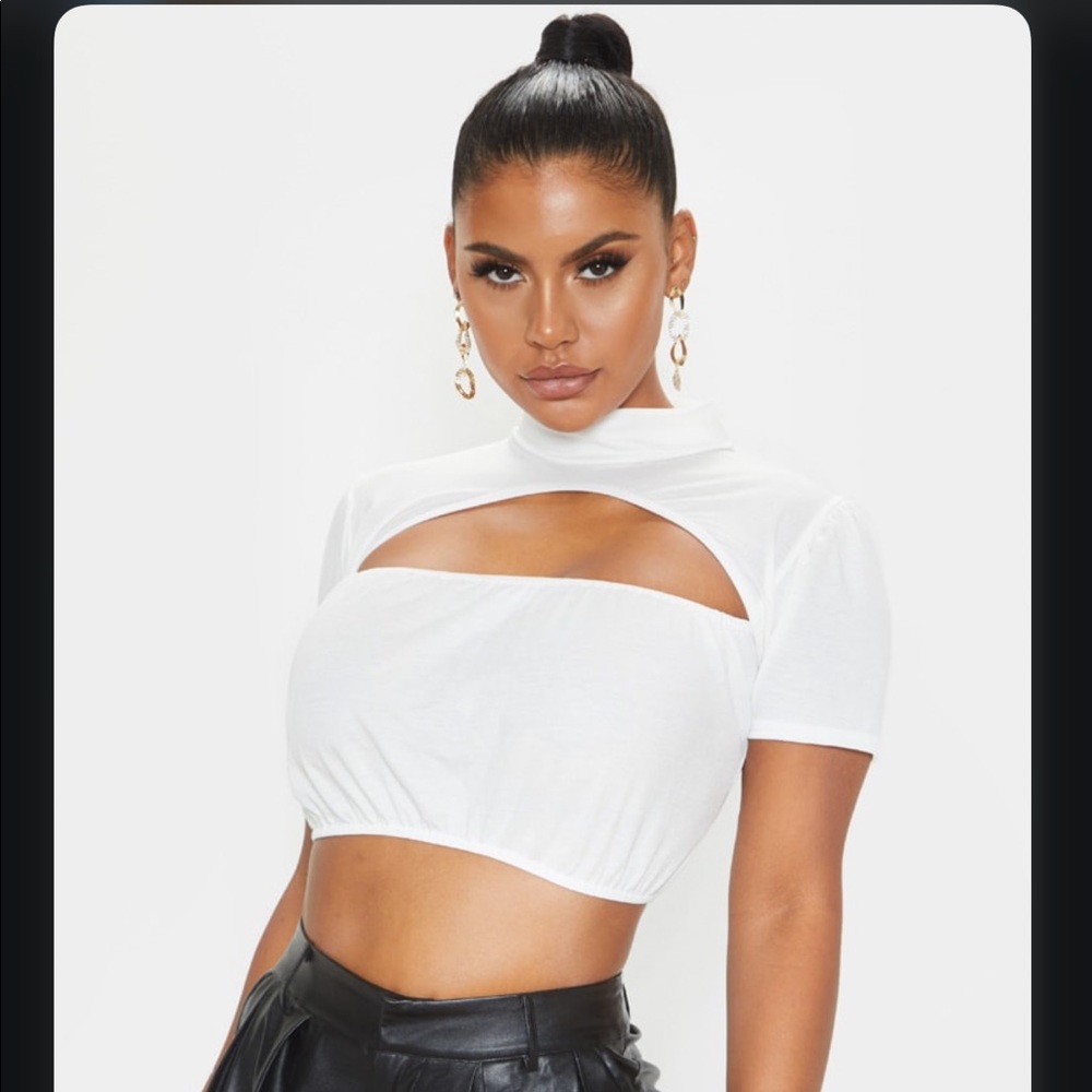 White Oriental Woven Cut Out High Neck Crop Top